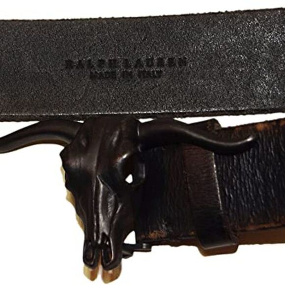 Ralph Lauren * Made in Italy Steer Head Black Distressed Calf Leather Belt - Picture 8 of 15